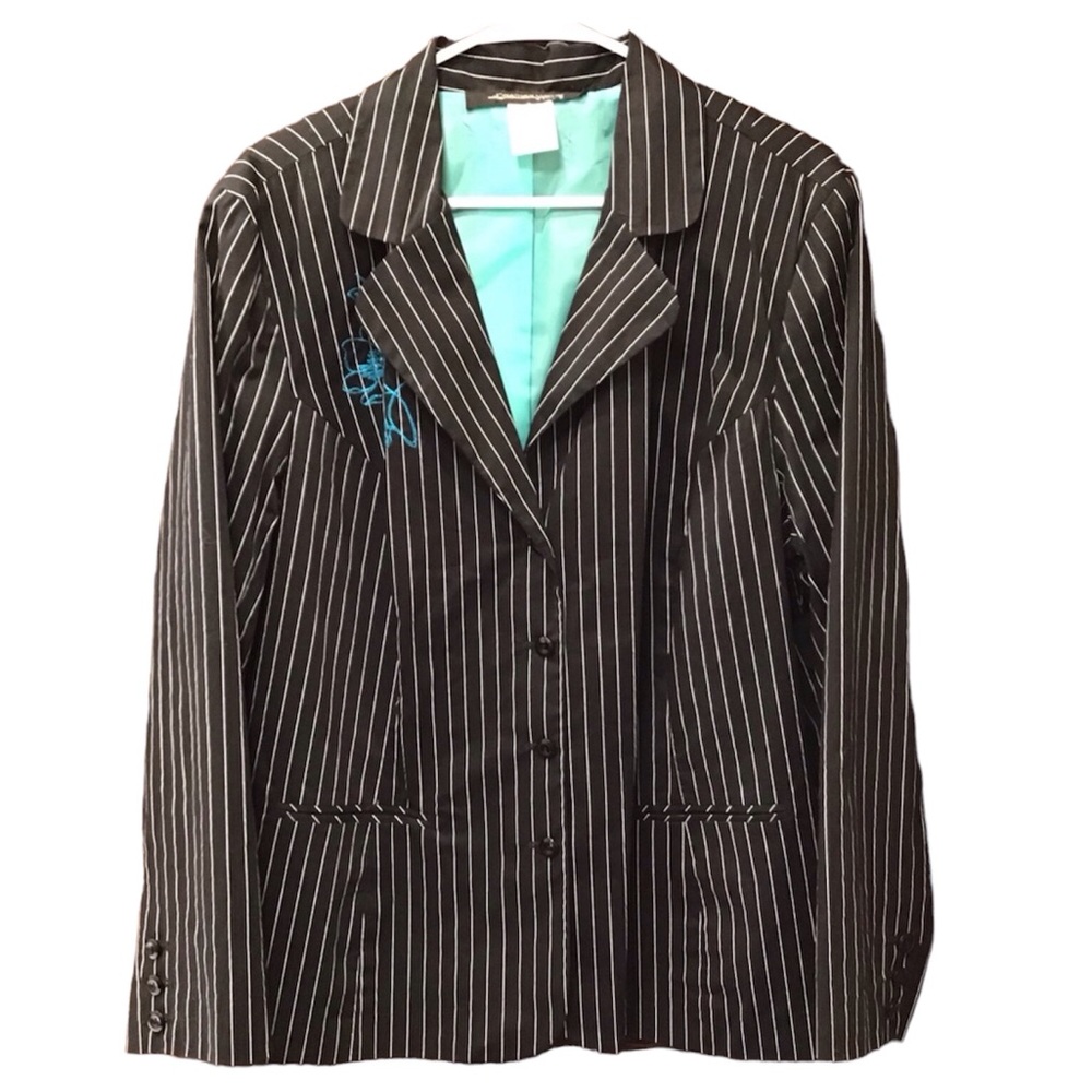 Jonathan Martin Womens Pinstripe Blazer Size 16W Embroidered Floral Jacket Black
